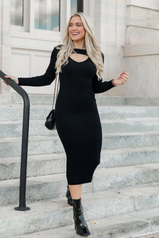 Still Night Black Long Sleeve Midi Dress FINAL SALE sold by Pink Lily