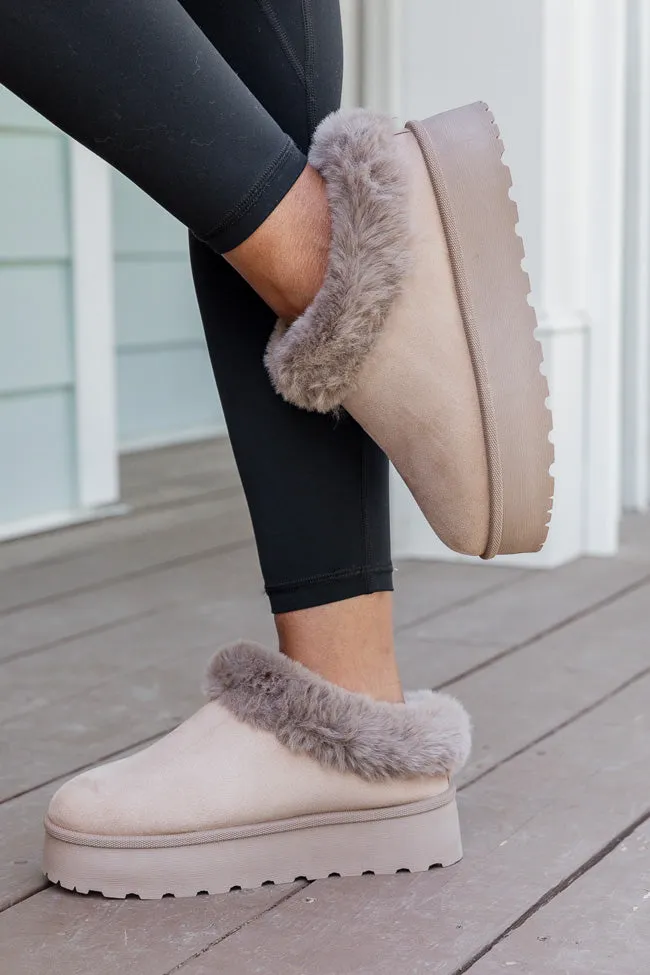 Rowe Taupe Platform Fuzzy Slipper sold by Pink Lily