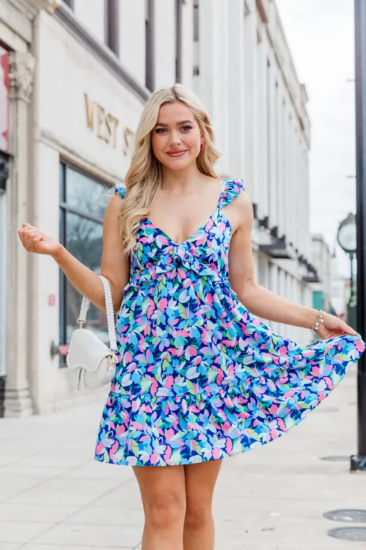 Looking My Way Navy Ruffle Detail Printed Mini Dress FINAL SALE sold by Pink Lily