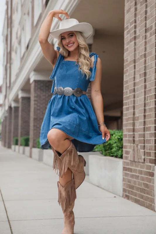 Fan Favorite Tie Shoulder Square Neck Denim Dress FINAL SALE sold by Pink Lily