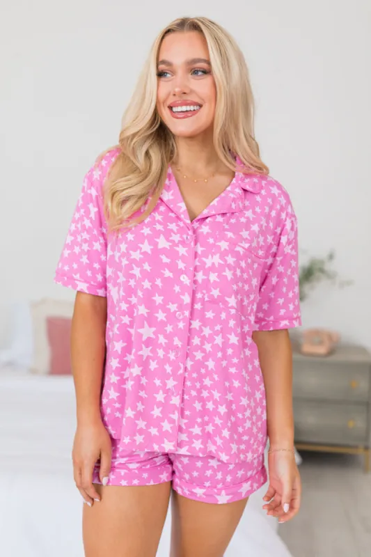 Under The Stars Pink Tonal Stars Short Sleeve Bamboo Pajama Top FINAL SALE sold by Pink Lily