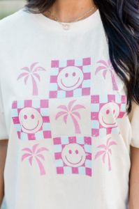 Palm Tree Smiley Ivory Oversized Graphic Tee sold by Pink Lily