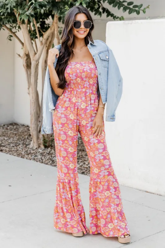 Aware of This Mauve Floral Print Flare Jumpsuit FINAL SALE sold by Pink Lily