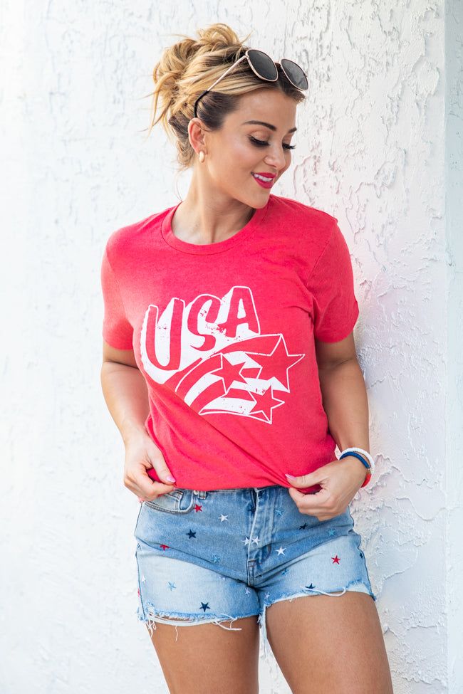 White USA Stars Graphic Vintage Red Tee sold by Pink Lily