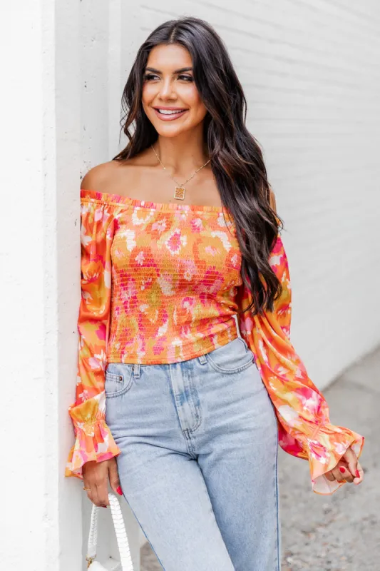 Just A Moment Orange Floral Print Off The Shoulder Blouse FINAL SALE sold by Pink Lily