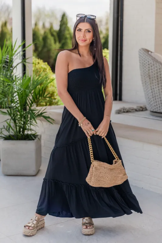 There In My Mind Black One Shoulder Dress sold by Pink Lily