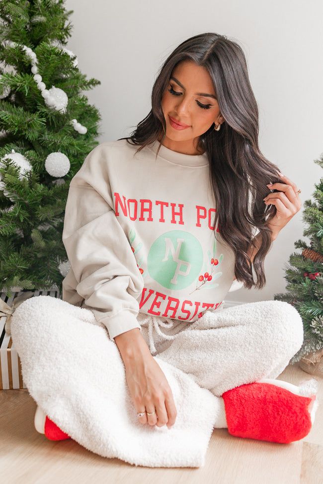 North Pole University Light Tan Oversized Graphic Sweatshirt sold by Pink Lily