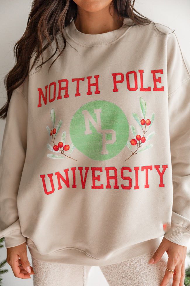 North Pole University Light Tan Oversized Graphic Sweatshirt sold by Pink Lily product image thumbnail 2