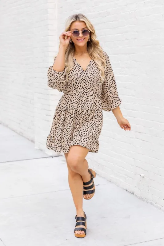 Midnight Till Morning Tan Spotted Long Sleeve Dress FINAL SALE sold by Pink Lily