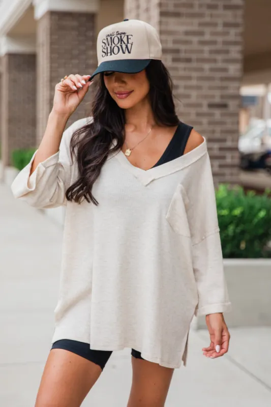 It's Our Time Oatmeal Oversized Pocketed Waffle Tee FINAL SALE sold by Pink Lily