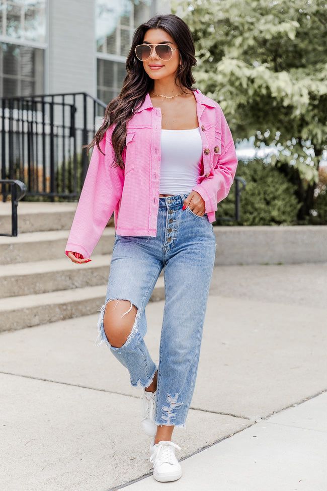 Cry Me A River Hot Pink Acid Wash Waffle Knit Shacket FINAL SALE sold by Pink Lily product image thumbnail 2