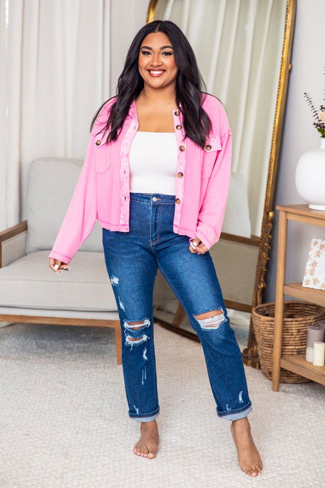 Cry Me A River Hot Pink Acid Wash Waffle Knit Shacket FINAL SALE sold by Pink Lily product image thumbnail 5