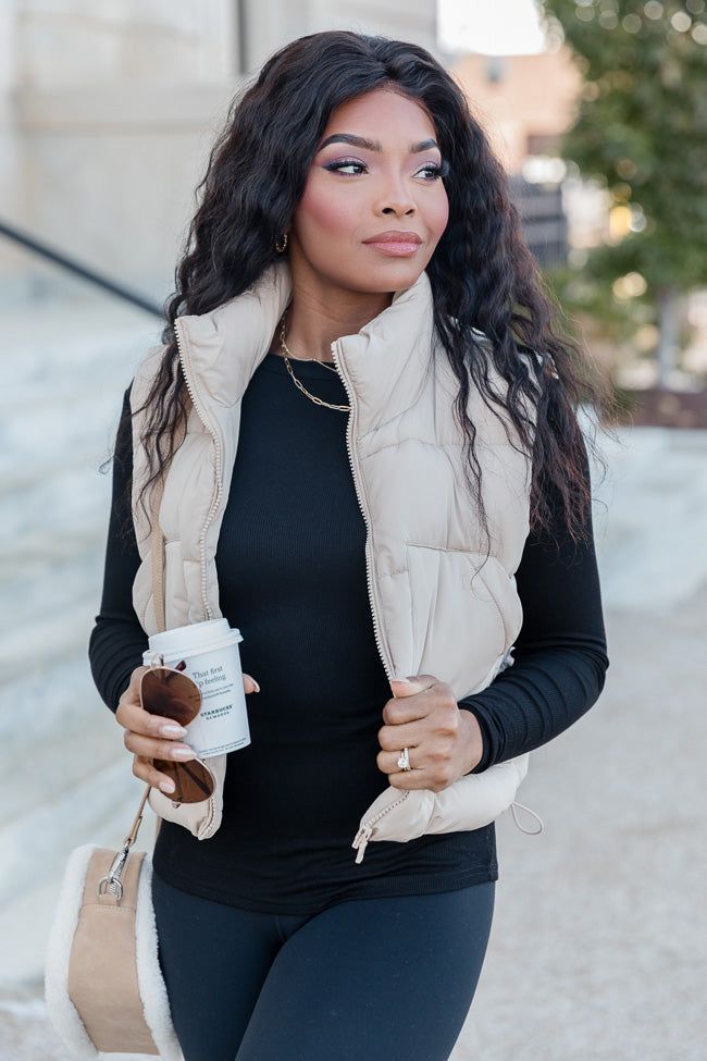 Sights To See Khaki Cropped Puffer Vest sold by Pink Lily