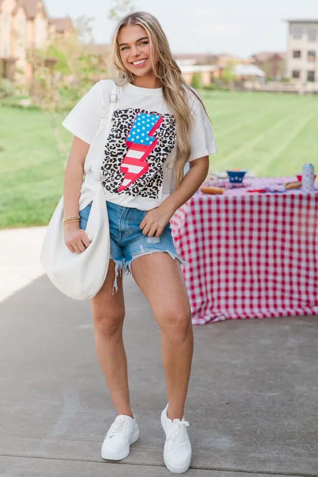 Flag Lightning Bolt White Oversized Graphic Tee sold by Pink Lily