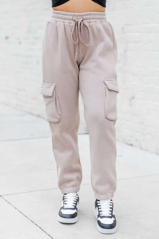 On The Go Taupe Fleece Cargo Jogger FINAL SALE sold by Pink Lily