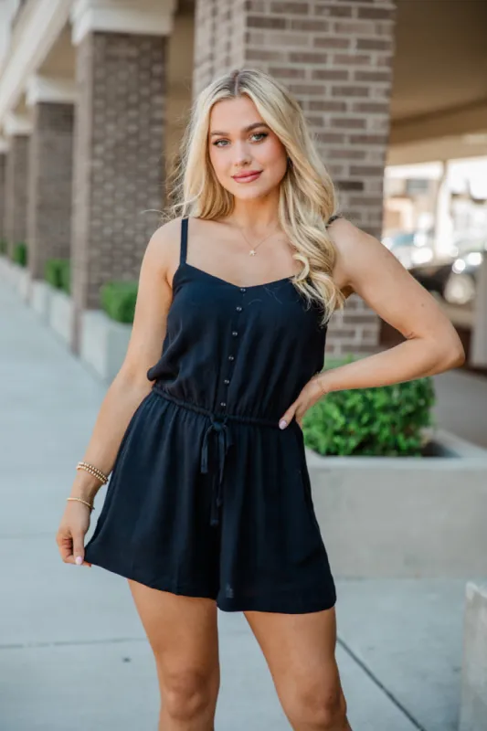 Take A Minute Black Solid Tie Waist Romper SALE sold by Pink Lily