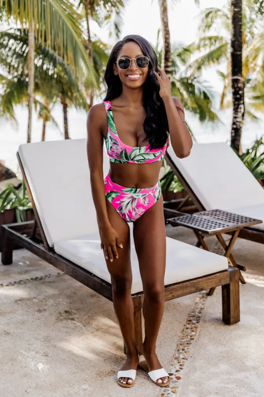 Island Resort Pink Tropical Ribbed Cheeky Bikini Bottoms FINAL SALE sold by Pink Lily