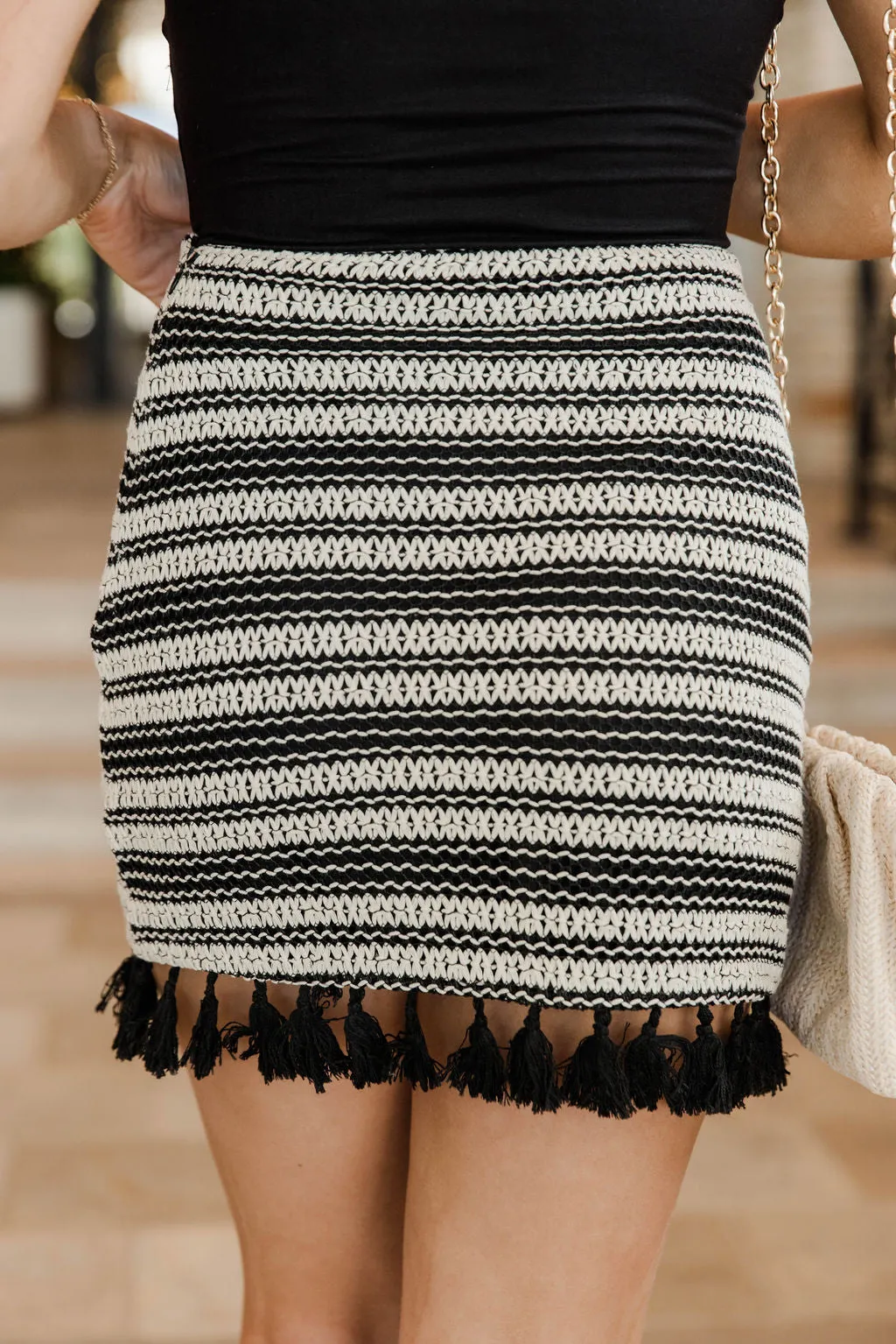 Dancing In The Sun Black and Cream Tassel Hem Mini Skirt FINAL SALE sold by Pink Lily product image thumbnail 4