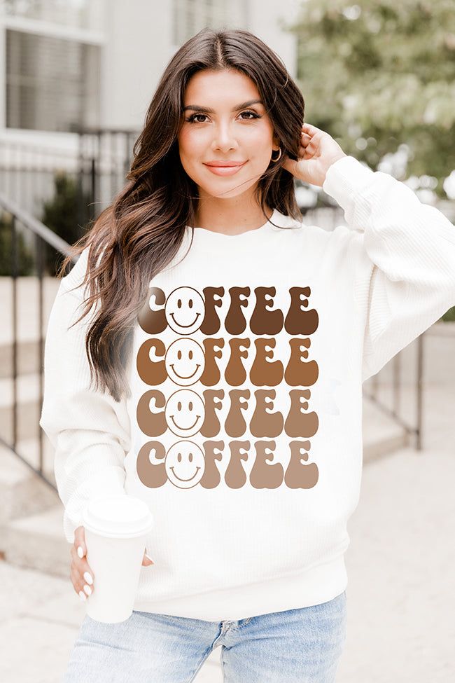Coffee Smiley Repeat Ivory Corded Graphic Sweatshirt FINAL SALE sold by Pink Lily