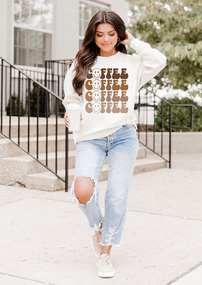 Coffee Smiley Repeat Ivory Corded Graphic Sweatshirt FINAL SALE sold by Pink Lily product image thumbnail 2