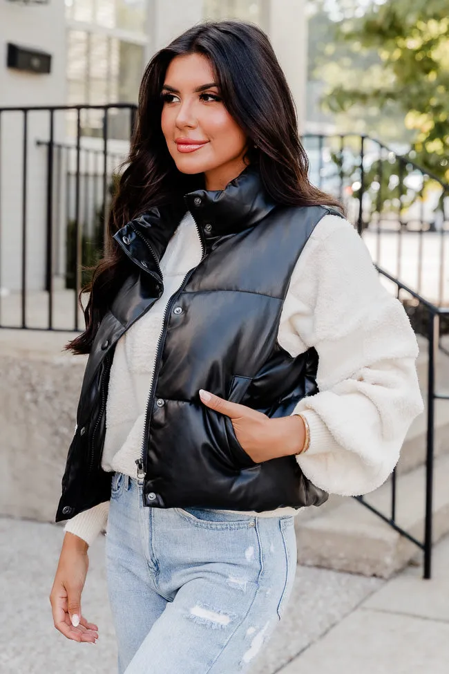 Never Letting Go Black Faux Leather Cropped Puffer Vest sold by Pink Lily product image thumbnail 3