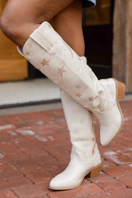 Luna Cream Star and Moon Western Boot made by Pink Lily