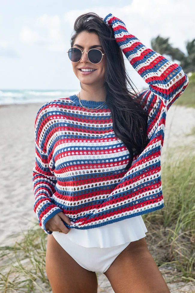 Chasing Rainbows Red and White and Blue Striped Crochet Sweater sold by Pink Lily product image thumbnail 4