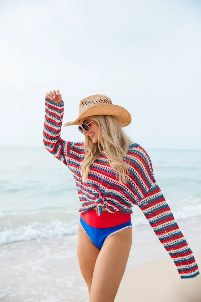 Chasing Rainbows Red and White and Blue Striped Crochet Sweater sold by Pink Lily product image thumbnail 3