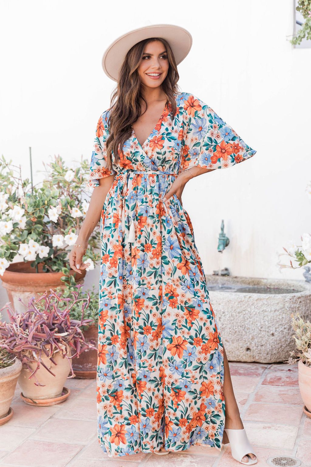 We Go Together Floral Satin Belted Maxi Dress sold by Pink Lily