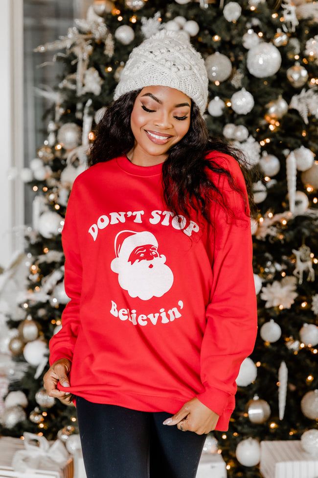Don’t Stop Believin' Red Oversized Graphic Sweatshirt sold by Pink Lily product image thumbnail 4