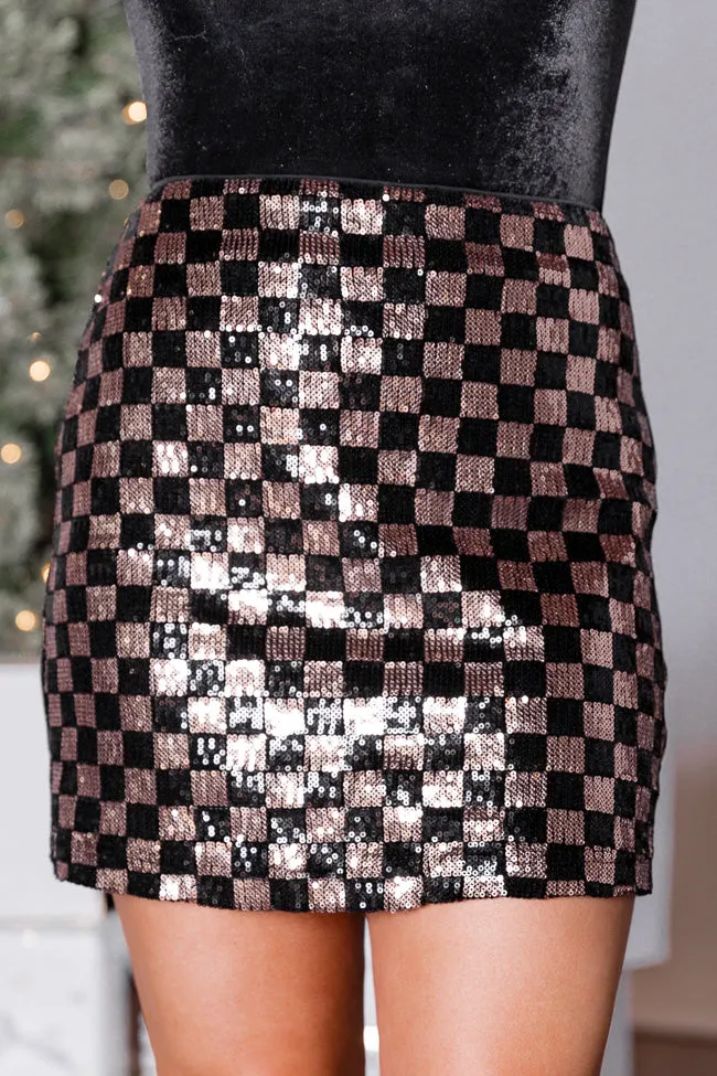 Season To Sparkle Black and Gold Sequin Checkered Mini Skirt FINAL SALE sold by Pink Lily