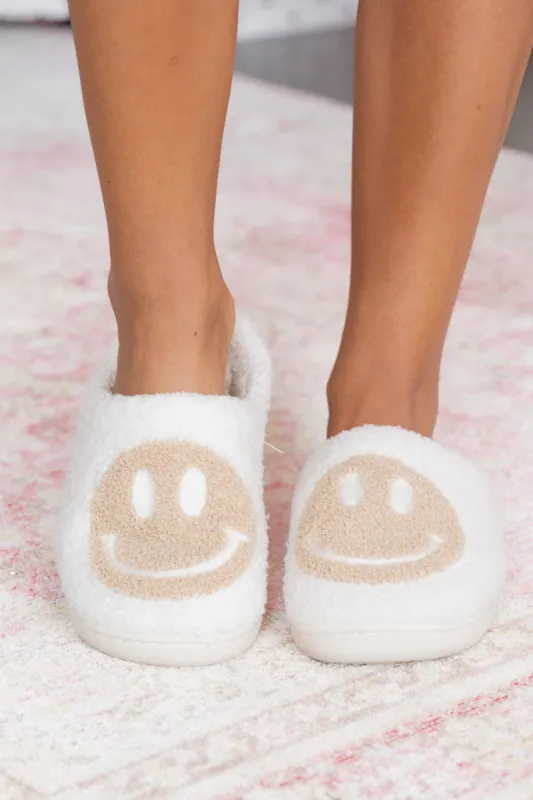Tan and White Smiley Slippers sold by Pink Lily
