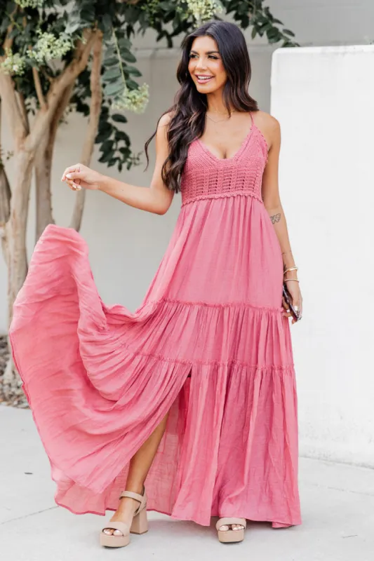 Let's Fly Away Mauve Crochet Knit Panel Tiered Maxi Dress FINAL SALE made by Pink Lily
