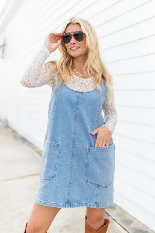 Think It Through Denim Jumper Dress  sold by Pink Lily