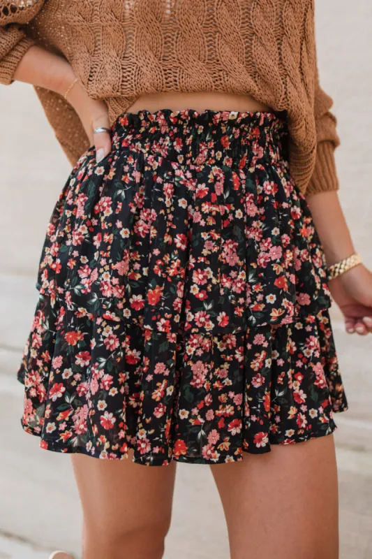 Summer Breezy Black Floral Tiered Skort sold by Pink Lily