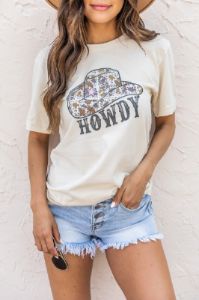 Howdy Cowboy Hat Cream Graphic Tee sold by Pink Lily