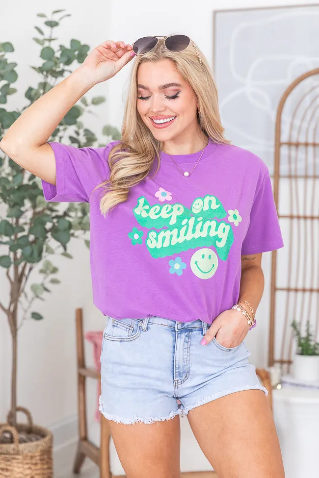 Keep On Smiling Purple Oversized Graphic Tee sold by Pink Lily