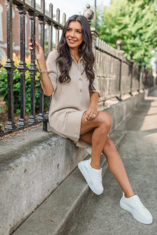 When I Go Tan Henley Knit Dress sold by Pink Lily