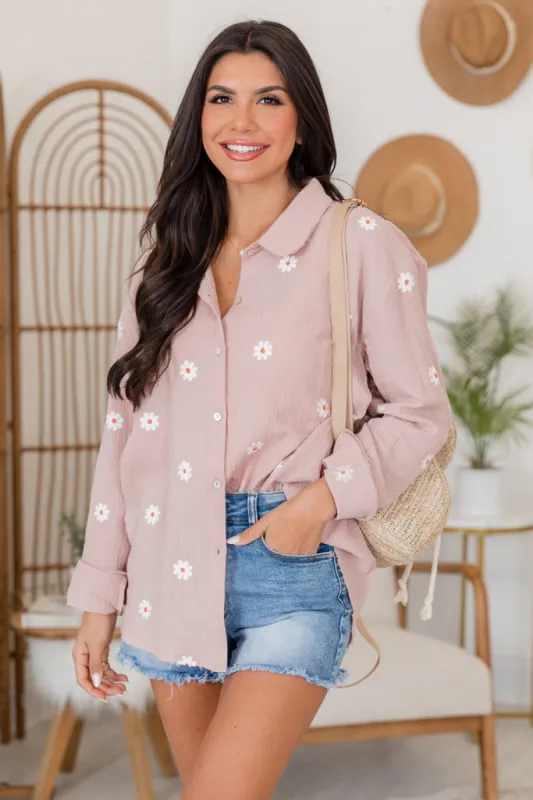 Something Great Tan Floral Applique Button Front Gauze Blouse FINAL SALE sold by Pink Lily