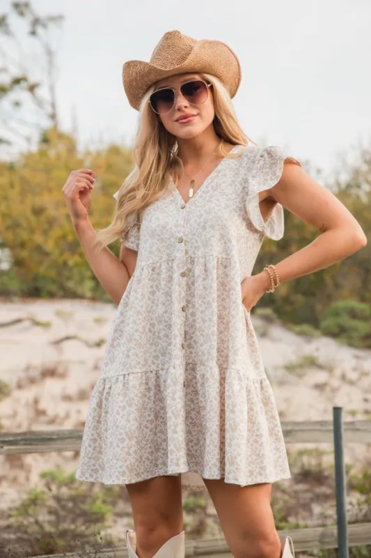 Coast Is Calling Taupe and White Printed Knit Dress made by Peach Love California
