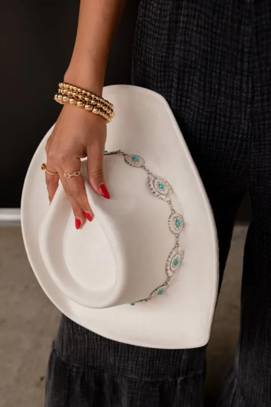 Silver and Turquoise Buckle Ivory Cowboy Hat sold by Pink Lily