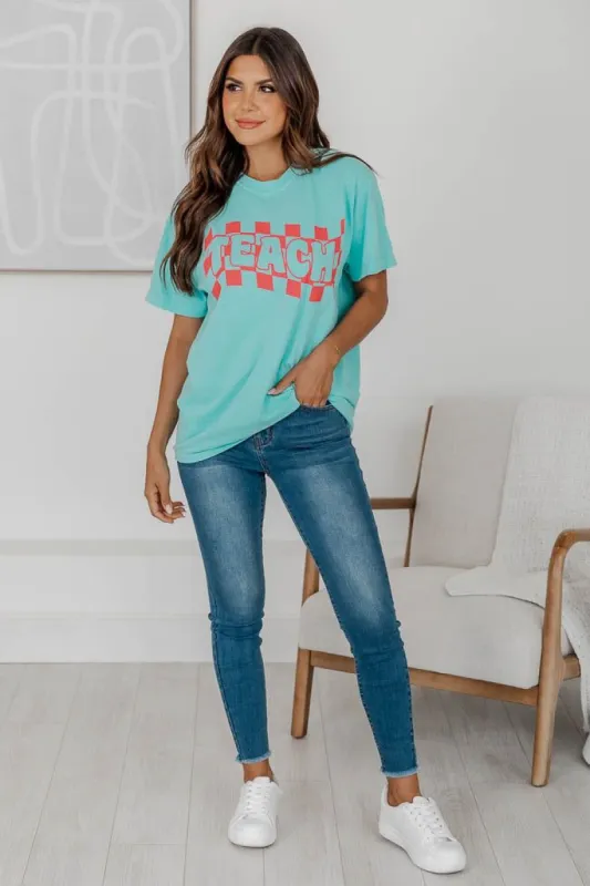 Checkered Teach Chalky Mint Graphic Tee sold by Pink Lily