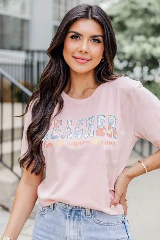 Teacher Love And Care Peach Graphic Tee sold by Pink Lily