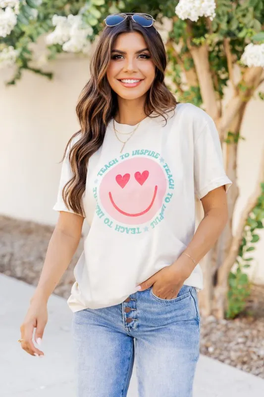 Teach To Inspire Smiley Ivory Graphic Tee made by Pink Lily