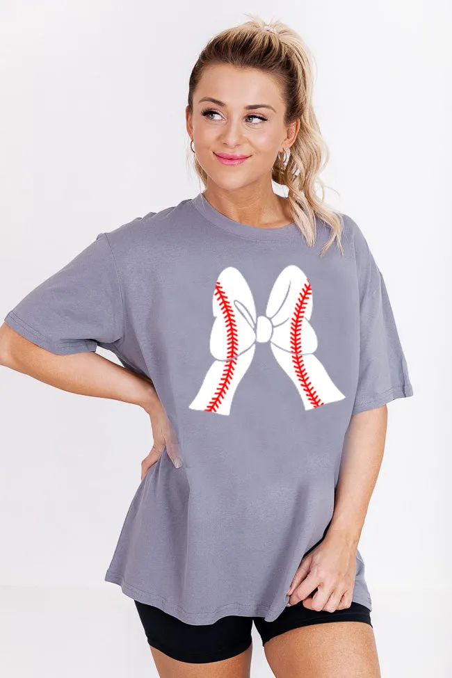 Baseball Bow Grey Oversized Graphic Tee sold by Pink Lily