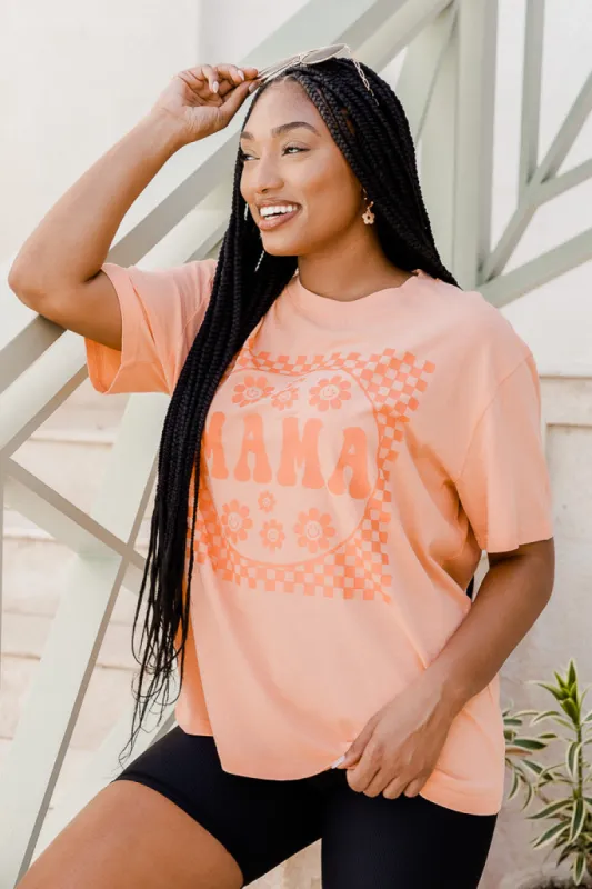 Mama Checkered Daisy Coral Oversized Graphic Tee sold by Pink Lily