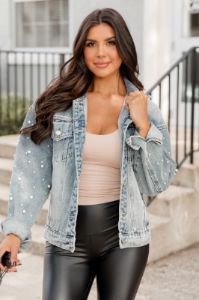 Here For Fun Medium Wash Pearl Sleeve Detail Denim Jacket sold by Pink Lily