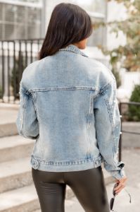 Here For Fun Medium Wash Pearl Sleeve Detail Denim Jacket sold by Pink Lily