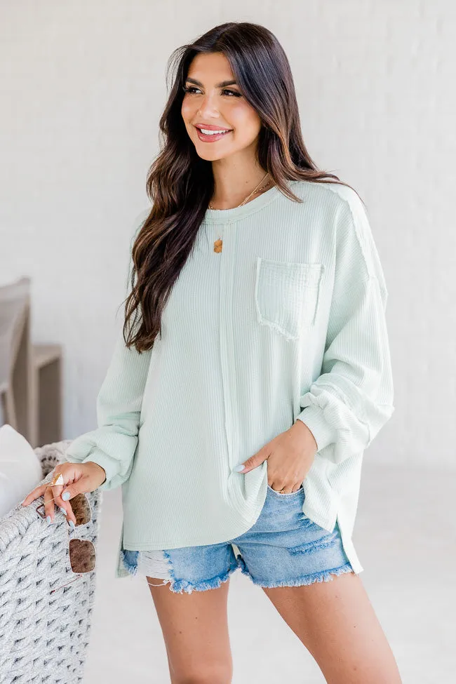 Never Leaving Sage Waffle Top With Gauze Trim FINAL SALE sold by Pink Lily