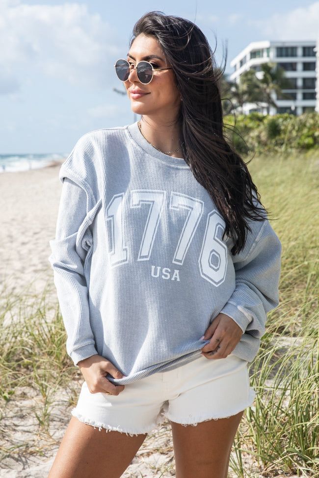 1776 USA Faded Denim Corded Graphic Sweatshirt sold by Pink Lily
